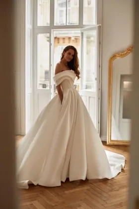 off shoulder ivory draped matte satin fall wedding ball gown