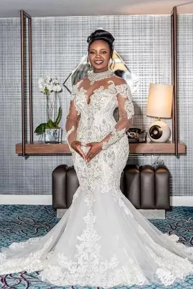 high neck beaded lace mermaid south african wedding dress