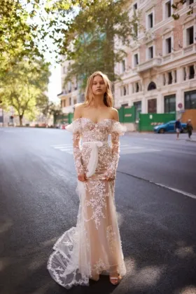 off shoulder nude tulle floral lace destination wedding gown