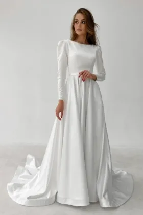 vintage button long sleeve bateau neck satin wedding gown