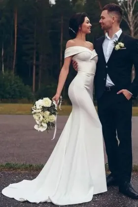 chic ivory satin off shoulder body hugging wedding dress