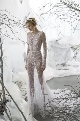 transparent lace and feather long sleeve sexy bridal dress