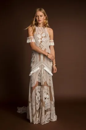 abstract lace tassel sleeve open back designer wedding dress
