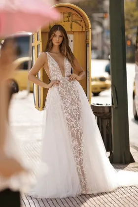 sexy sheer floral lace wedding dress with tulle overskirt