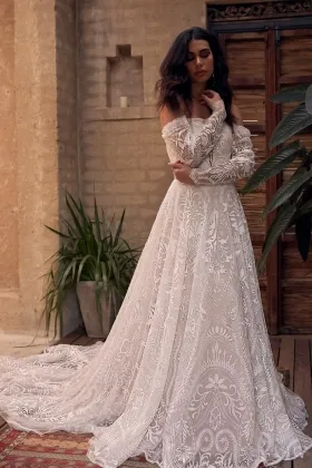 abstract lace off the shoulder long sleeve boho bridal dress
