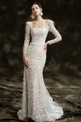 beaded 3d flower lace fishtail tulle romantic wedding dress
