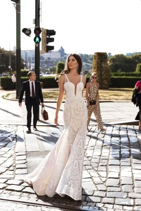 geometric lace plunging neck fit and flare wedding dress