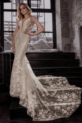 gorgeous sequin lace beaded 3d flower mermaid wedding dress