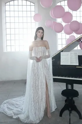 sparkly wave beading mesh bridal dress with removable sleeve