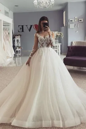illusion lace long sleeve glitter tulle princess bridal gown