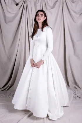 minimalist satin bows buttons long sleeve wedding dress