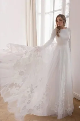 bateau neck long sleeve crepe tulle lace wedding dress