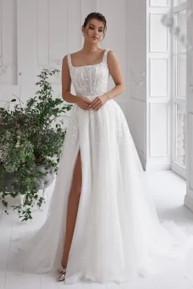 beaded lace tulle square neck slit modern wedding dress