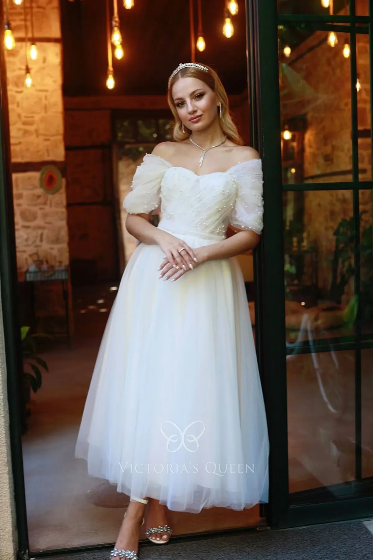 white pearly tulle short sleeve bridal gown white pearly tulle short sleeve bridal gown