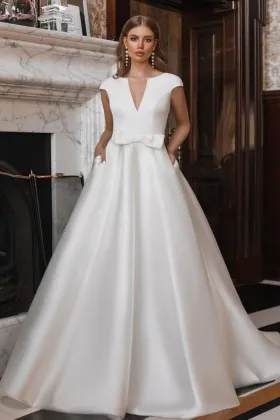 cap sleeve v neck satin wedding dress with pockets bow
