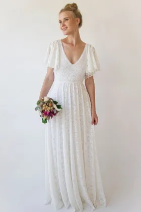 short flutter sleeve v neck lace bohemian wedding dress
