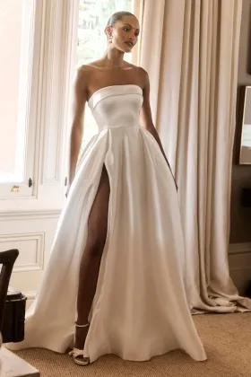 elegant sexy strapless satin slit long wedding gown