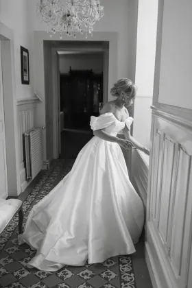 off the shoulder satin garden wedding gown