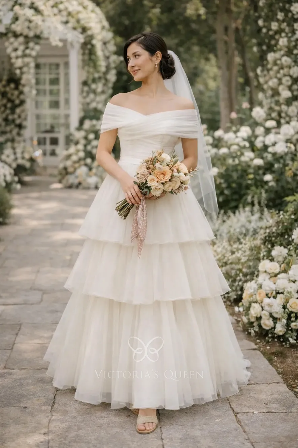 elegant off the shoulder tiered tulle a line wedding dress elegant off the shoulder tiered tulle a line wedding dress