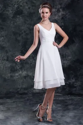 Simple white tiered chiffon short A line V neck cheap wedding dress