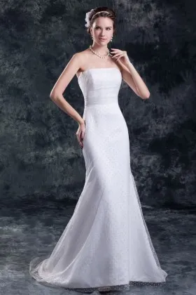 Polka dot tulle overlay white satin strapless mermaid wedding dress