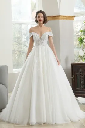 off the shoulder ivory lace and glitter tulle wedding ball gown