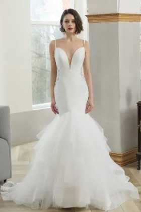 plunging neck drop waist ruffled skirt chic bridal gown