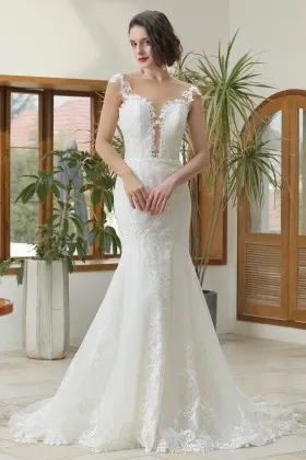 cap sleeves plunging bodice lace mermaid wedding dress