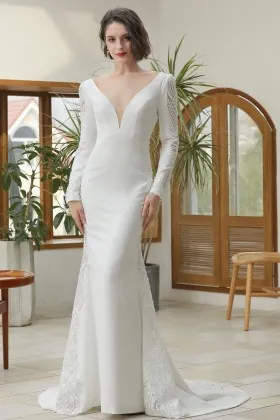 elegant lace and satin plunging neck sleeved bridal dress