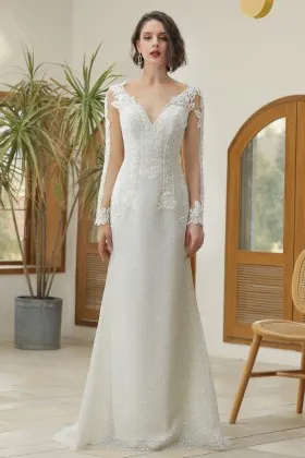 curved V neck long sleeves lace and glitter mesh noble wedding dress