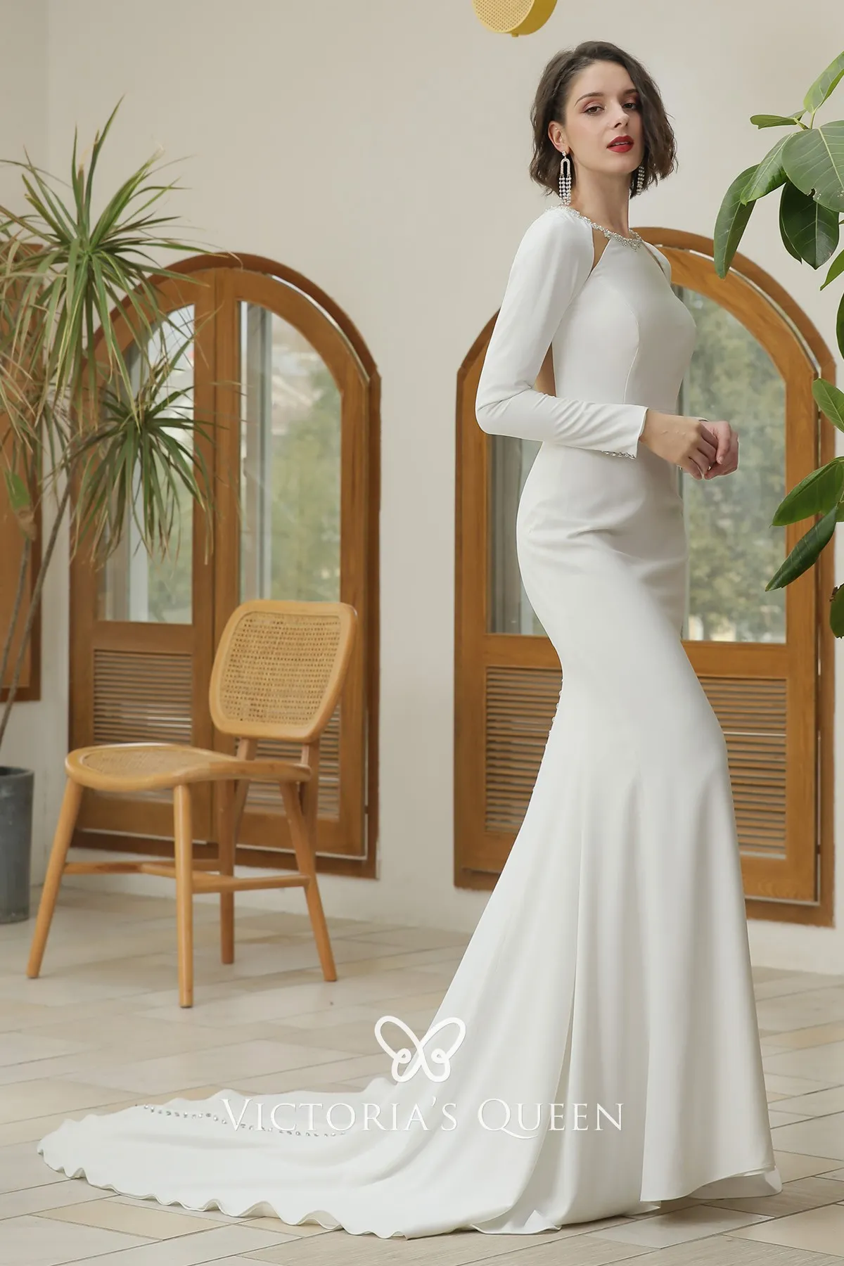 Modern Beaded Long Sleeve Cut-outs Satin Wedding Dress