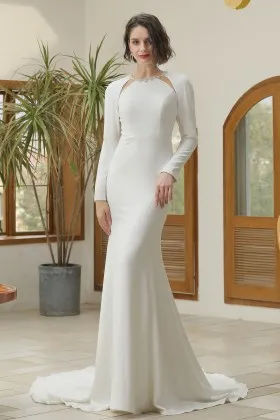 modern beaded crew neck cut outs satin wedding dress