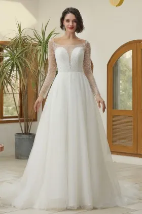 beaded bodice long sleeves glitter tulle wedding dress