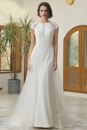 illusion lace cap sleeves and overskirt satin bridal gown