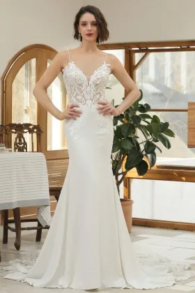 elegant lace satin V neck spaghetti straps bridal gown