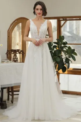 leaf lace embroidered ivory tulle A line wedding dress