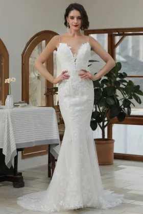 floral lace plunging neck spaghetti straps bridal dress
