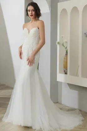 strapless sweetheart ivory lace and tulle mermaid wedding dress