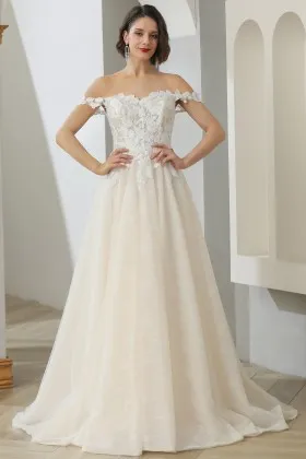 floral lace off the shoulder champagne tulle wedding dress