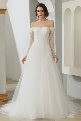 off shoulder sheer sleeves beaded tulle wedding dress