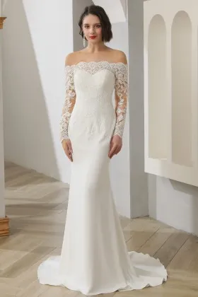 fancy scalloped lace satin long sleeves wedding dress