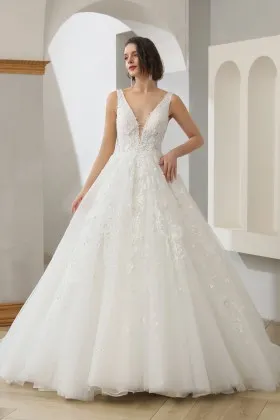 beaded 3D flowers appliqued lace tulle bridal ball gown