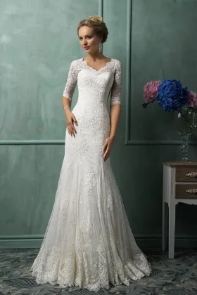 Vintage V Neck Mermaid Lace Short Sleeve Formal Wedding Dress