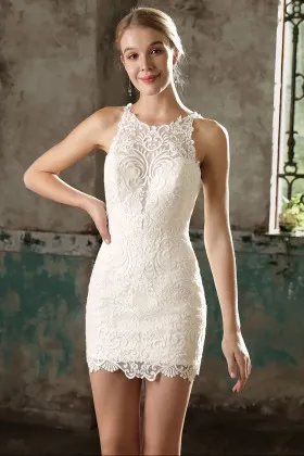 alluring and fitting sleeveless ivory lace short bodycon wedding dress