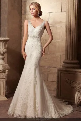 classic ivory beaded lace and satin V neckline mermaid chapel train wedding dress