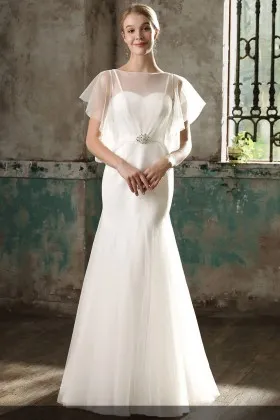mysterious illusion neckline and flutter sleeve mermaid dropped waist wedding dress