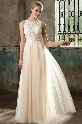 champagne lace and tulle sheer beaded boat neckline timeless wedding dress