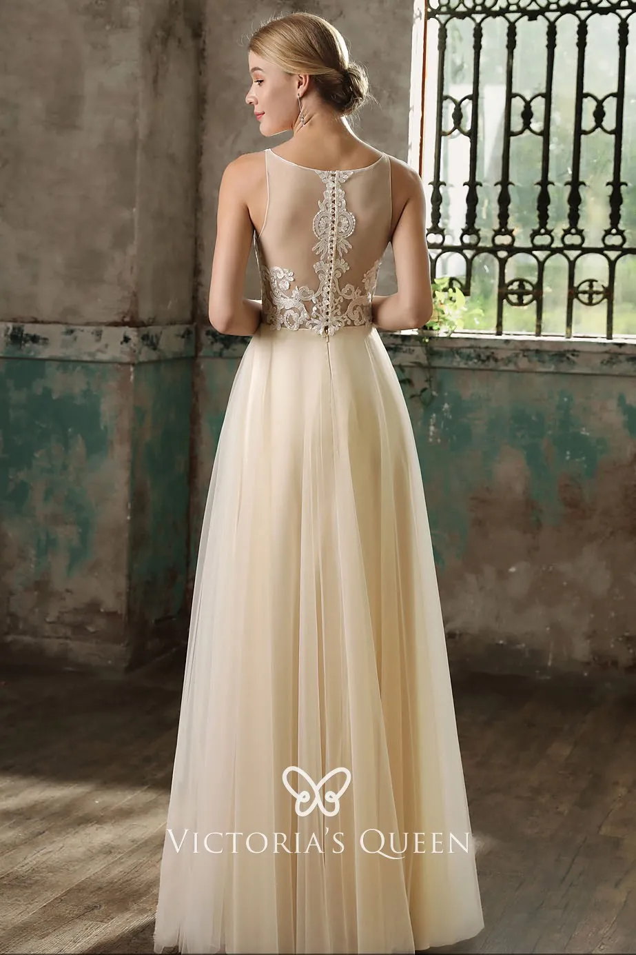 Champagne Tulle A Line Wedding Dresses Sheer Neck Elegant Bridal Gowns –  TANYA BRIDAL