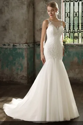 trendy dropped waist mermaid ivory illusion lace and tulle wedding dress
