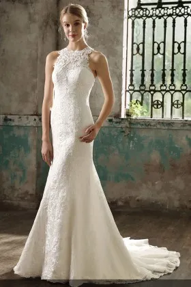 uniquely elegant ivory lace halter mermaid wedding dress with chapel train